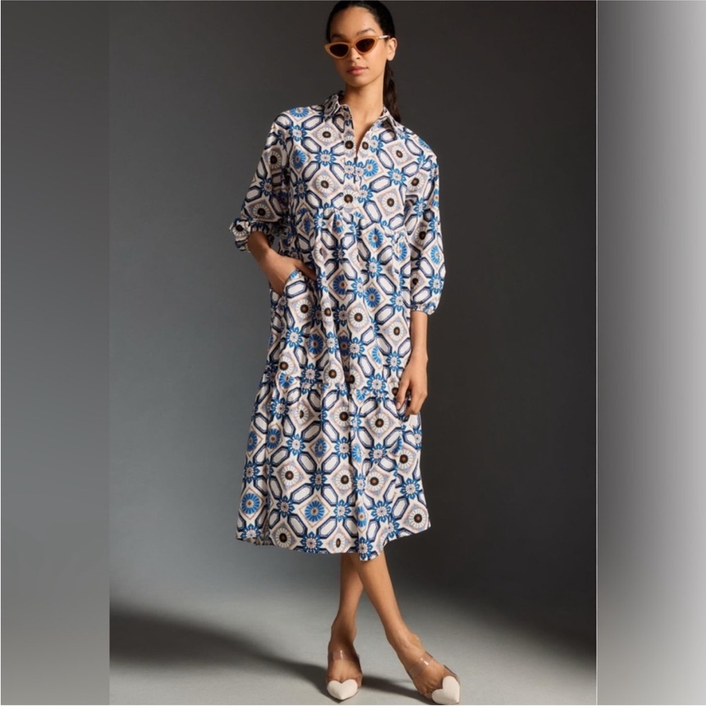 Anthropologie The Bettina Tiered Shirt Dress by Maeve Small Color: Sapphire NWT